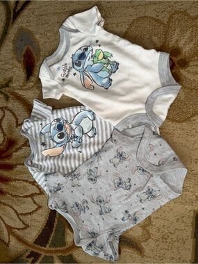 Disney Baby Stitch One-Piece Bodysuit Trio in White, Gray, Blue